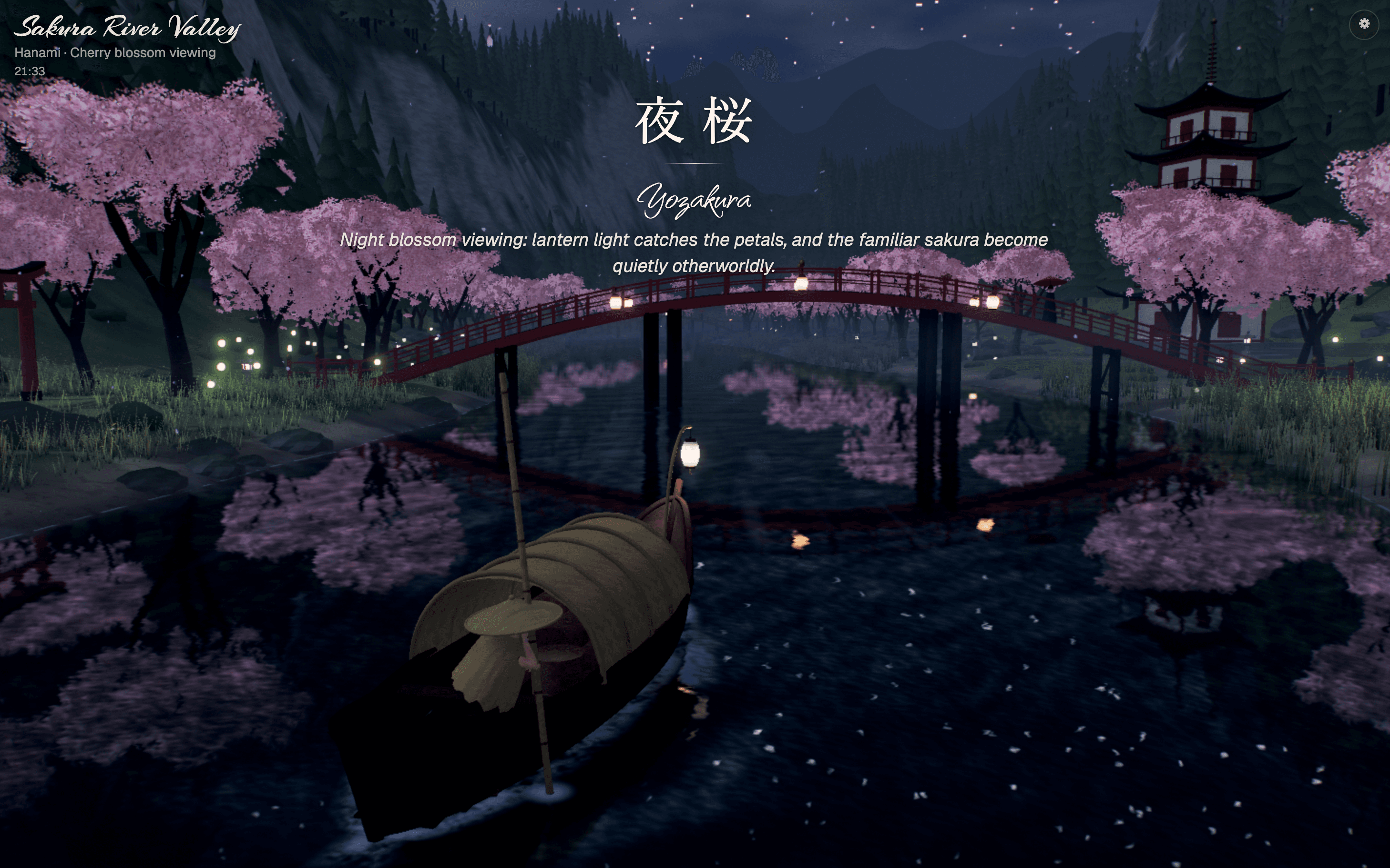 Sakura River Valley with cherry blossoms, a red bridge, and a boat on the river